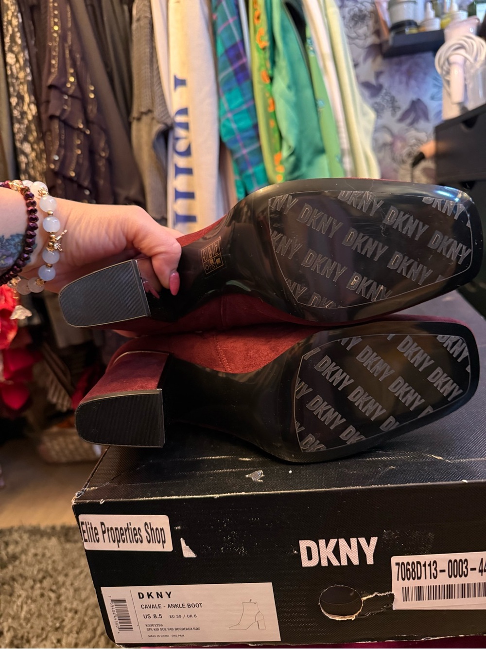 DKNY Wine Suede Block Heel Ankle Boots - Picture 6 of 7